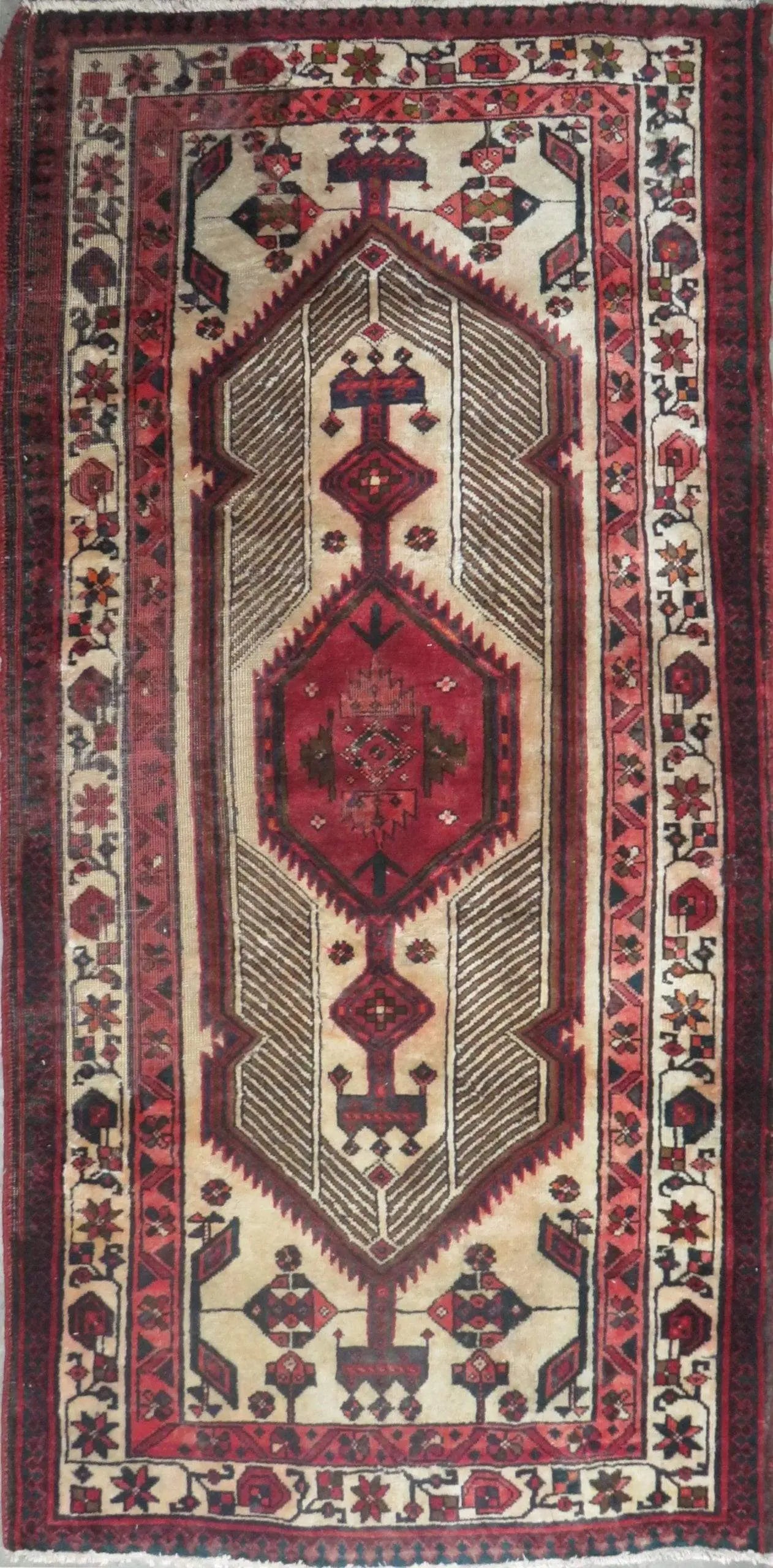 One Of The Kind Hand-Knotted Persian Wool Rug _ Luxurious Vintage Design, 7'6" x 3'7", Artisan Crafted